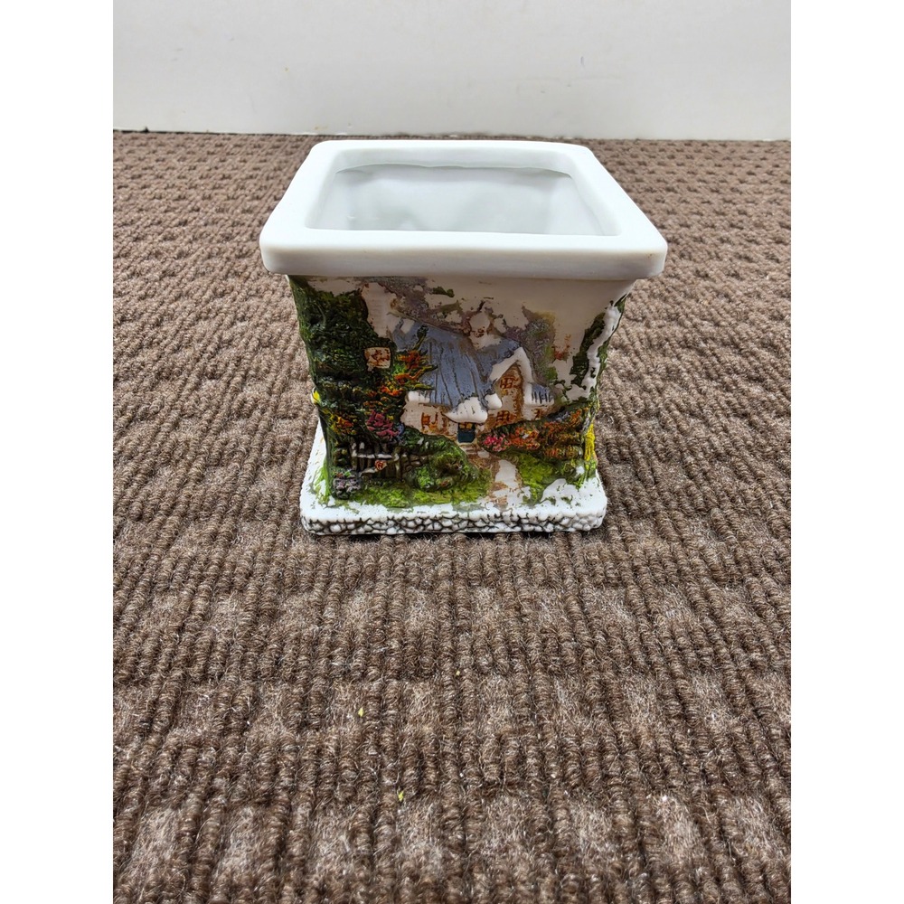 Thomas Kinkade Square Porcelain Votive Candle Holder 3D Painted Cottage Scenes